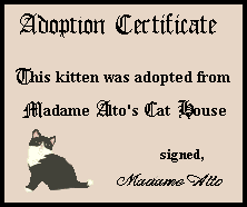 Adoption Certificate: This kitten was adopted from Madame Alto's Cat House. Signed, Madame Alto