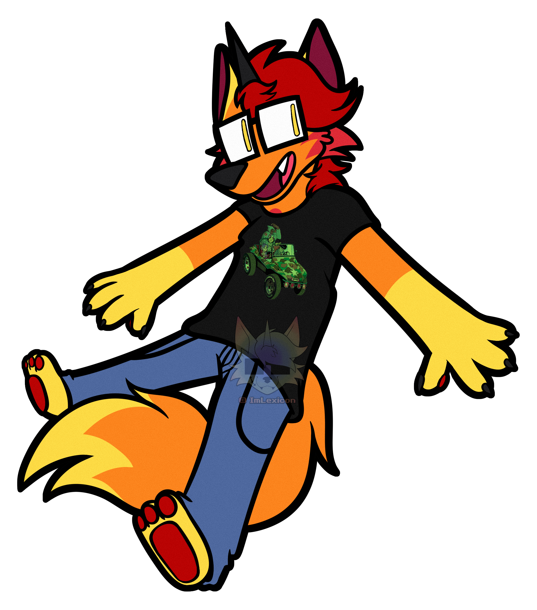 A digital fullbody drawing of Lexicon, an anthropomorphic unicorn fox. They are drawn in a cartoony style, looking away and smiling. They are wearing a black Gorillaz t-shirt and blue denim jeans.