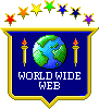 A badge with two torches, the Earth in between, and seven stars above. The text underneath says 'WORLD WIDE WEB'.