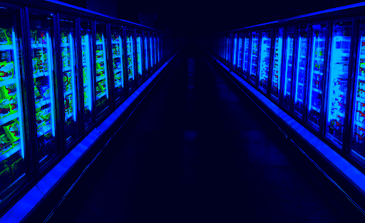 A dark photograph of a frozen foods aisle, tinted blue.
