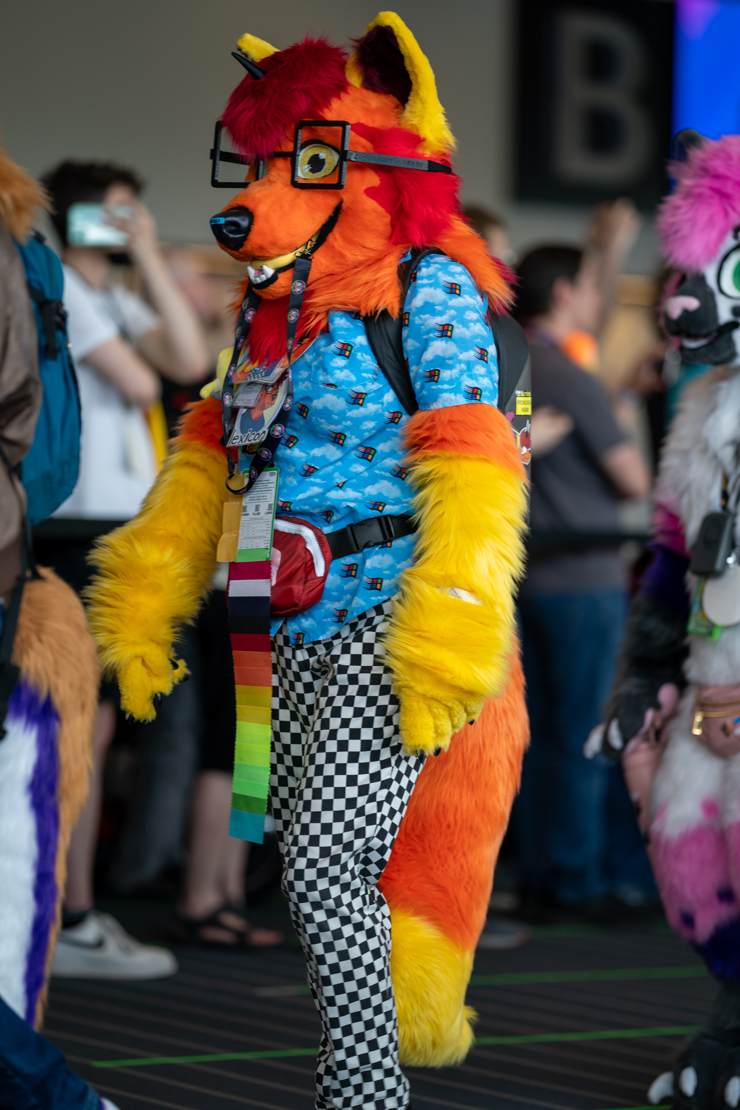 Lexicon walking during the Fursuit Parade, wearing a Windows button-up shirt and black-and-white checkered ska pants