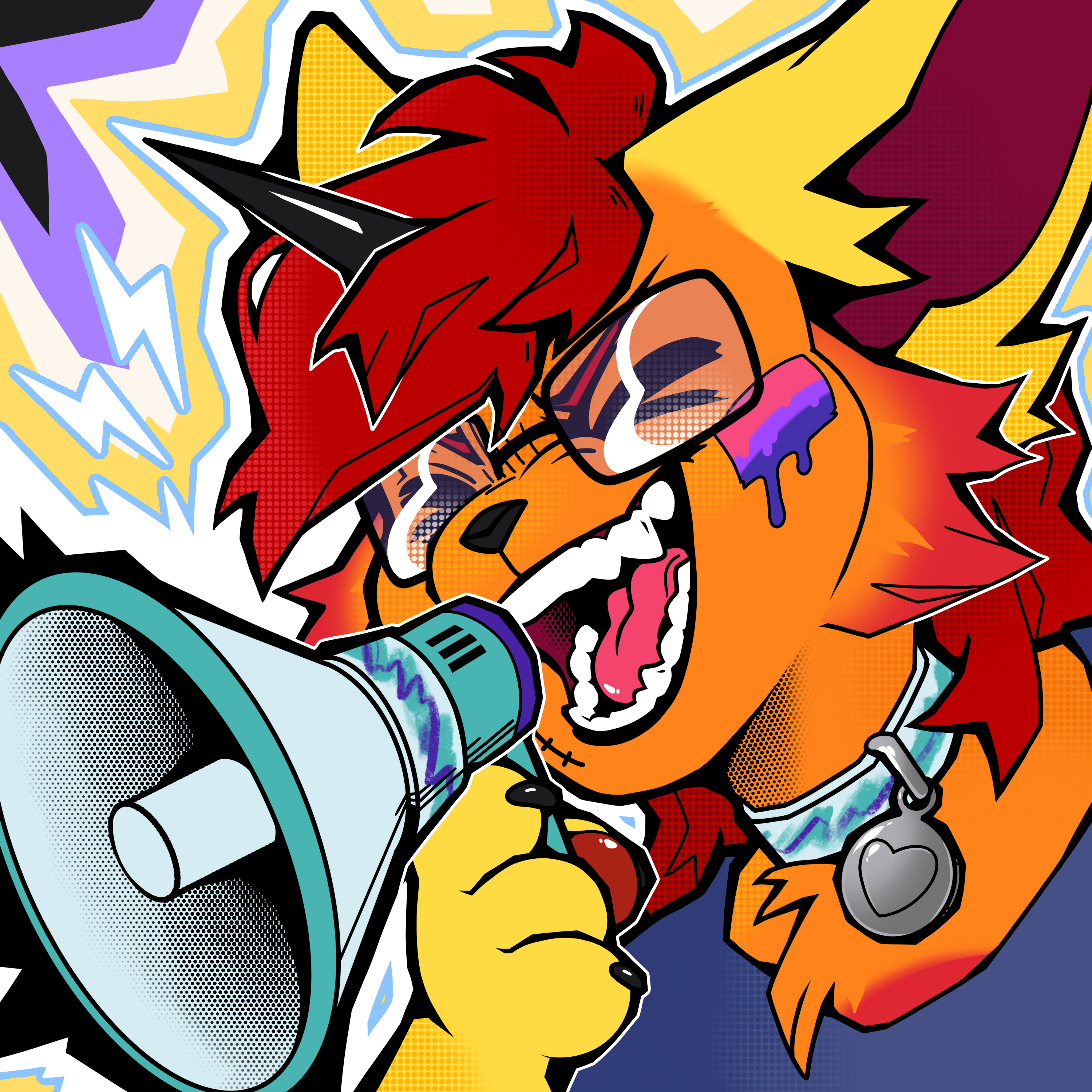 A digital drawing of Lexicon happily yelling into a megaphone with the Solo jazz cup pattern on it. They have the bisexual flag painted on their face. The background is the nonbinary flag.