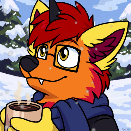 A digital drawing of Lexicon in a winter scene, wearing a jacket and scarf and holding a hot drink. They are looking upwards, smiling.