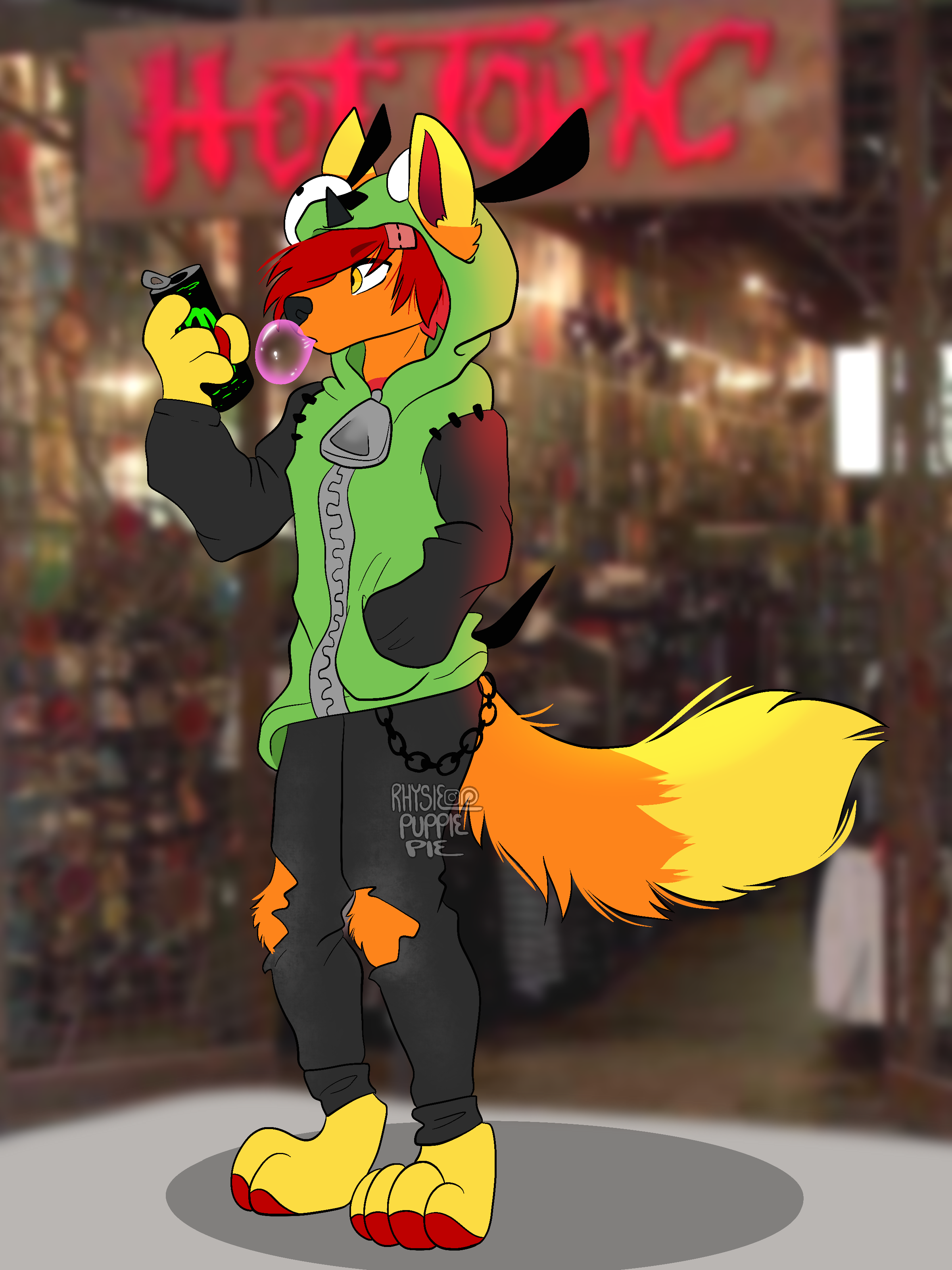 A digital drawing of Lexicon standing in front of a Hot Topic store, chewing bubblegum and holding a can of Monster Energy. They are wearing an Invader Zim GIR hoodie, a wallet chain, and black pants with holes ripped around the knees.