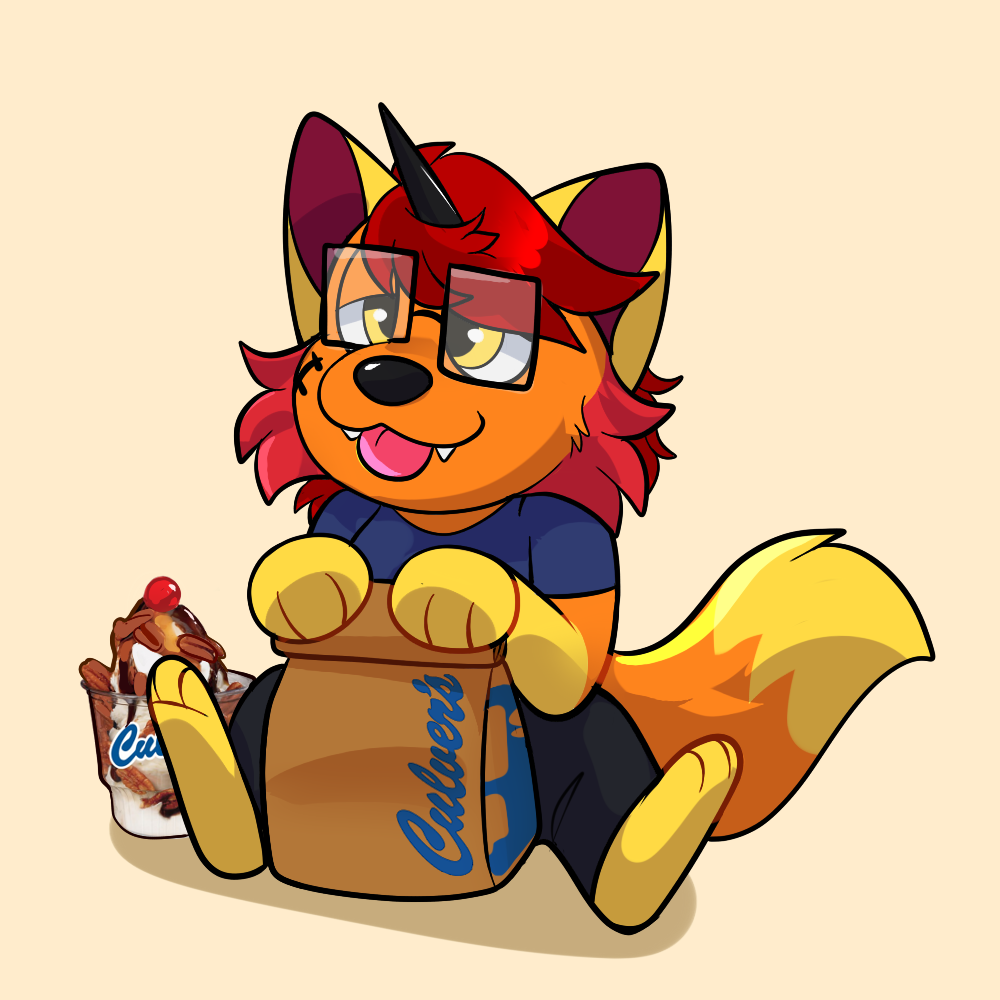 A digital drawing of Lexicon, sitting down holding a bag of Culver's food. There is a turtle sundae visible behind them.