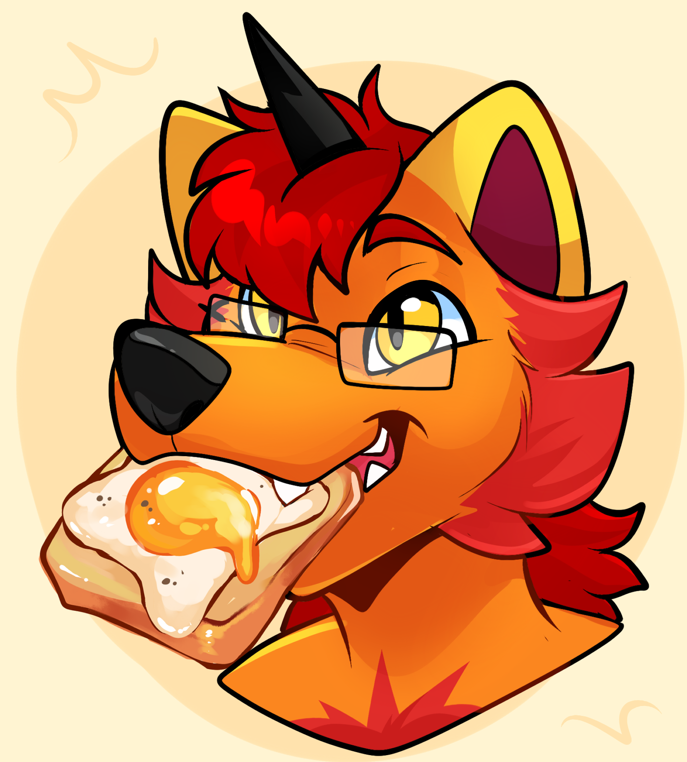 A digital headshot drawing of Lexicon with an egg on toast in their mouth.