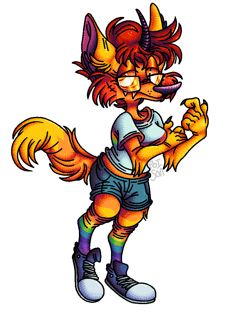 A digital fullybody drawing of Lexicon. They are drawn in an exagerrated cartoony style, with warm lighting. They are wearing the same outfit from @foxsnax's drawing.